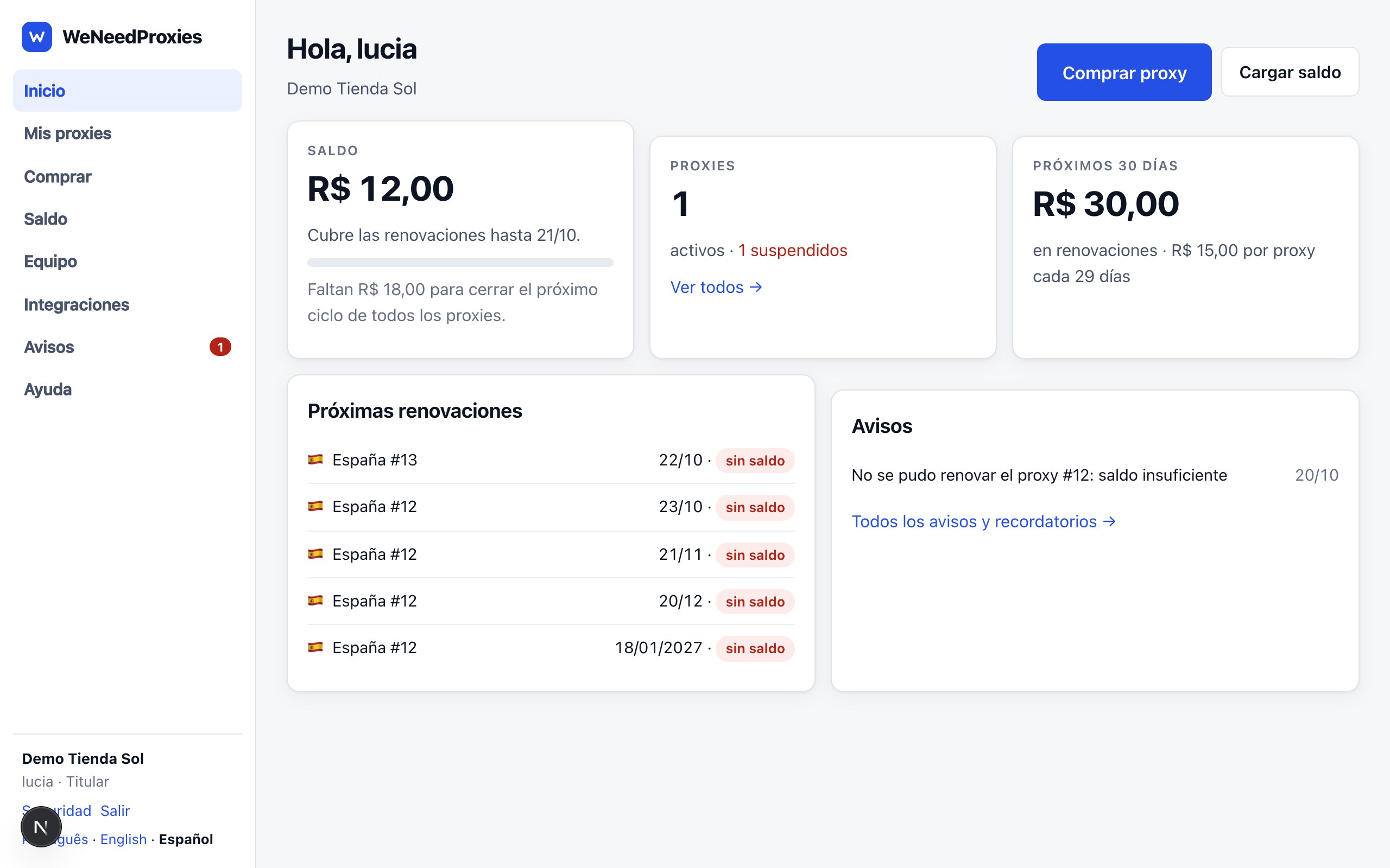El inicio del panel: saldo, hasta qué día cubre, próximas renovaciones y avisos